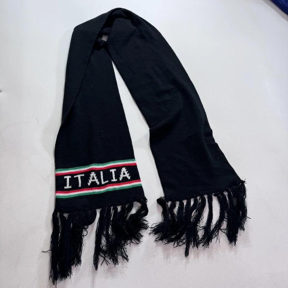 Italy Scarf Mens One Size Black Soccer Knit Fringe Tassels Italia Fan Warm